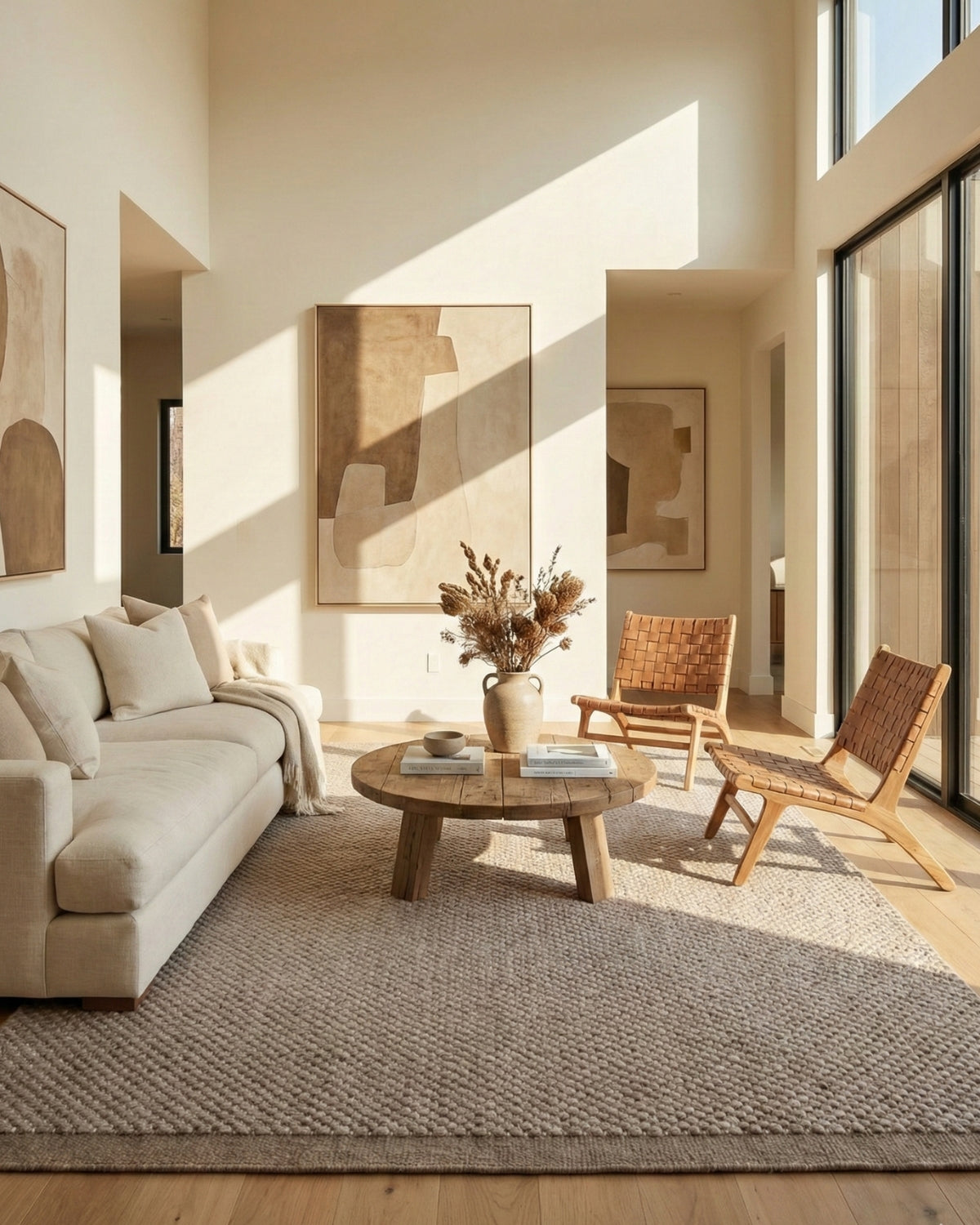 Durable handwoven flatweave grounding a modern living room or study, adding dimension with a restrained ease.