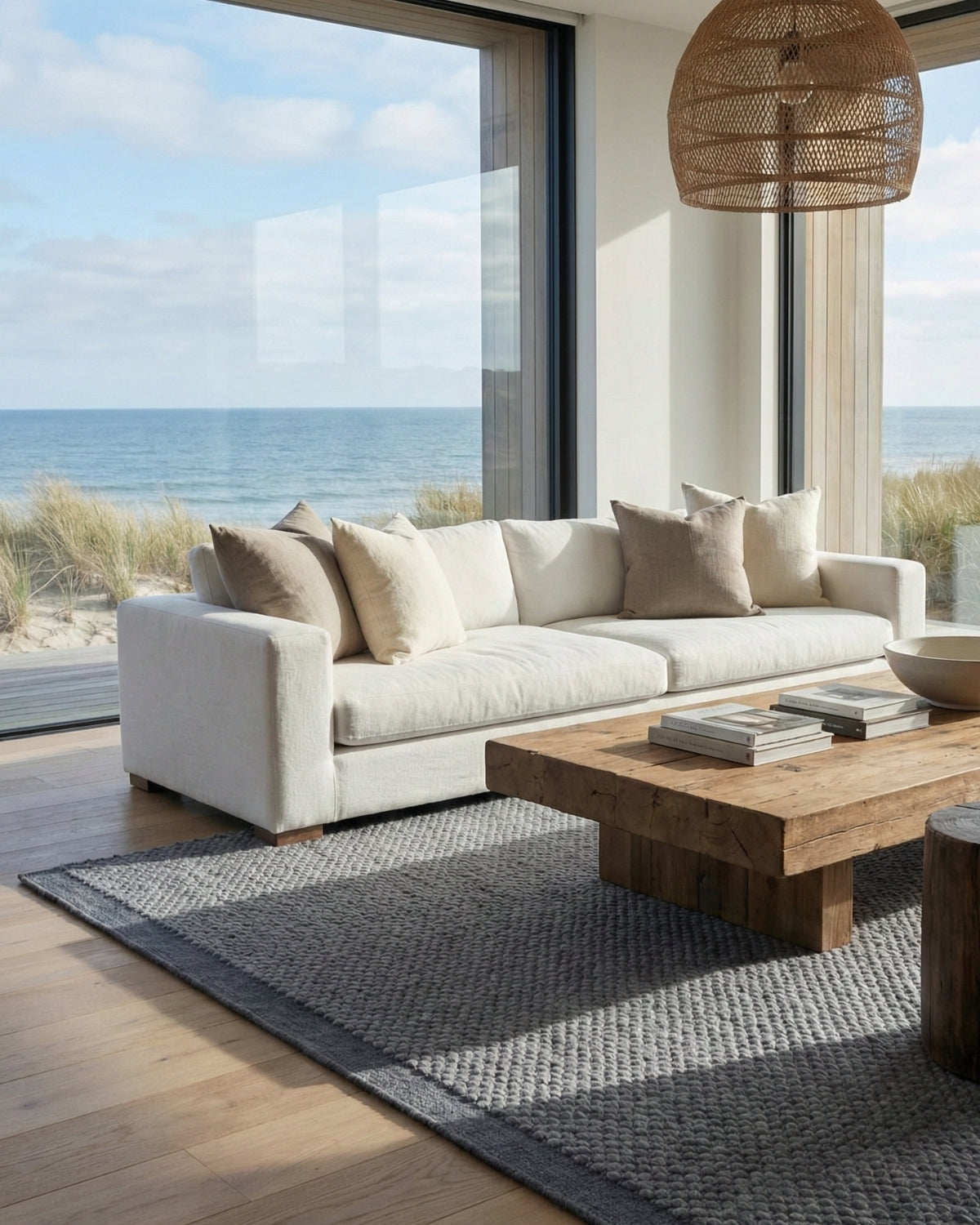 Durable handwoven flatweave grounding a modern living room or study, adding dimension with a restrained ease.