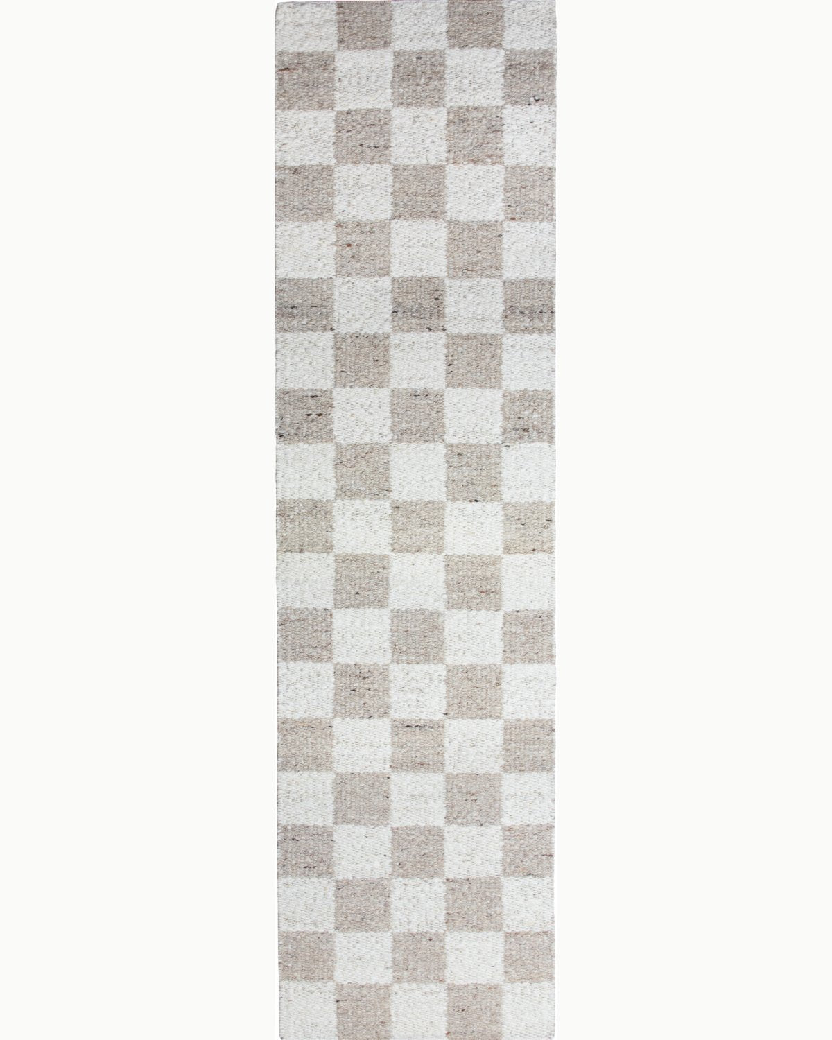 House of Bohi Cora ivory and brown wool runner featuring a timeless checkered handwoven flatweave.
