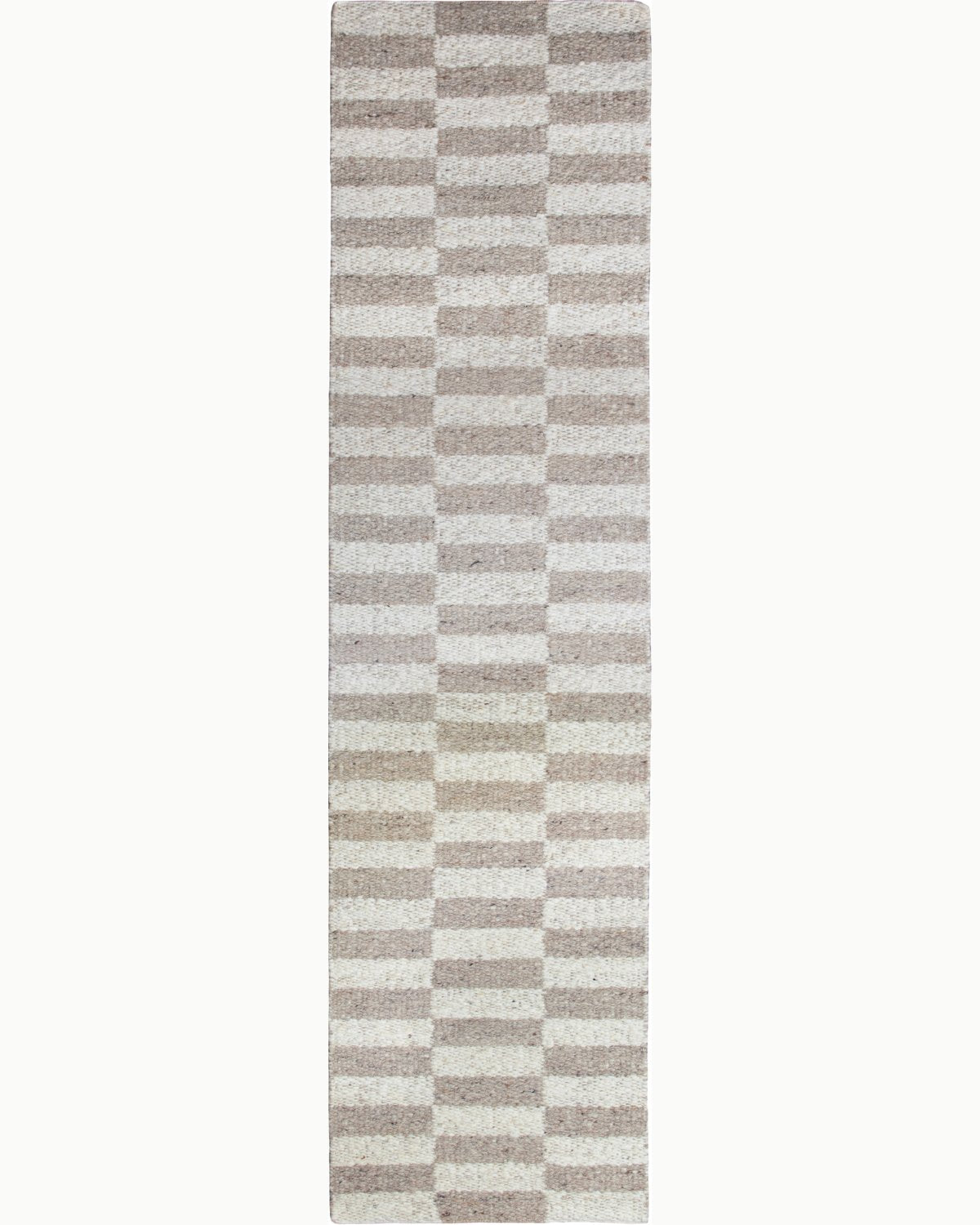 House of Bohi Laani New Zealand wool runner in ivory and brown, showing a full overhead flatweave geometric design.