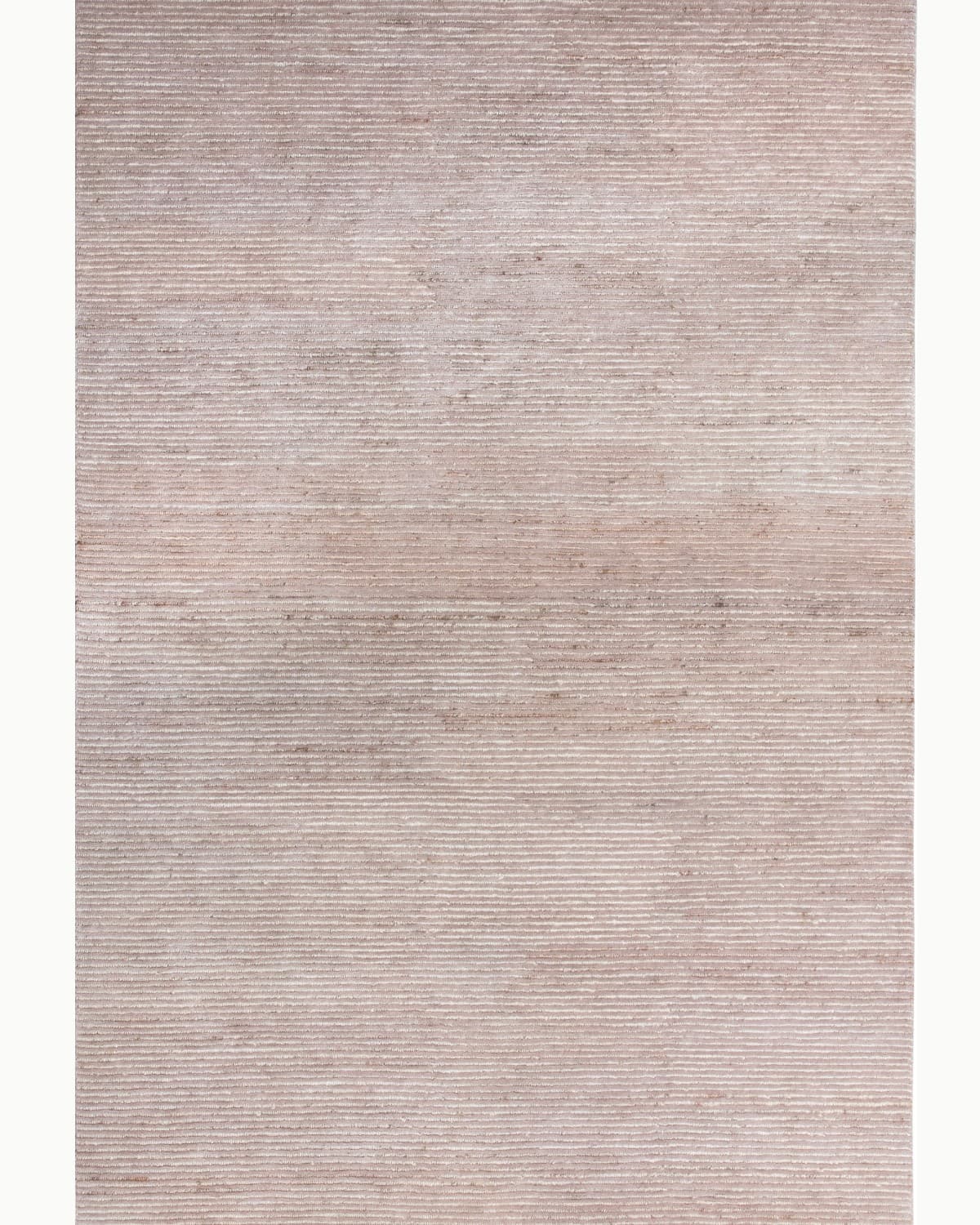 House of Bohi Mahi area rug in natural and blush. A full view of the handknotted New Zealand wool and jute linear pattern.