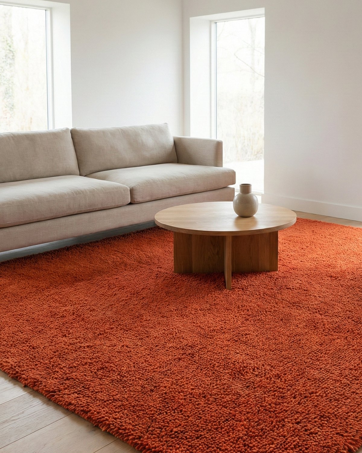 Sophisticated bedroom or living room space anchored by a dense 25mm high pile shag texture.