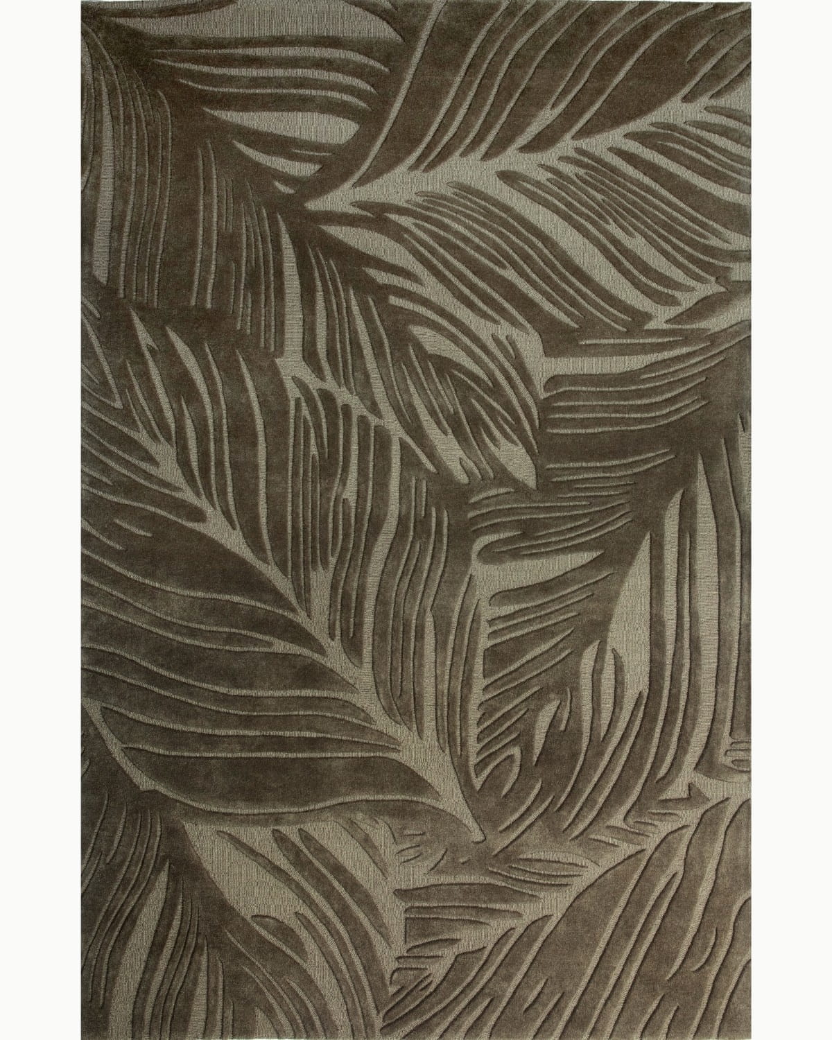 House of Bohi Sway area rug in olive. Premium New Zealand wool featuring a fluid leaf design and hand-carved lines.