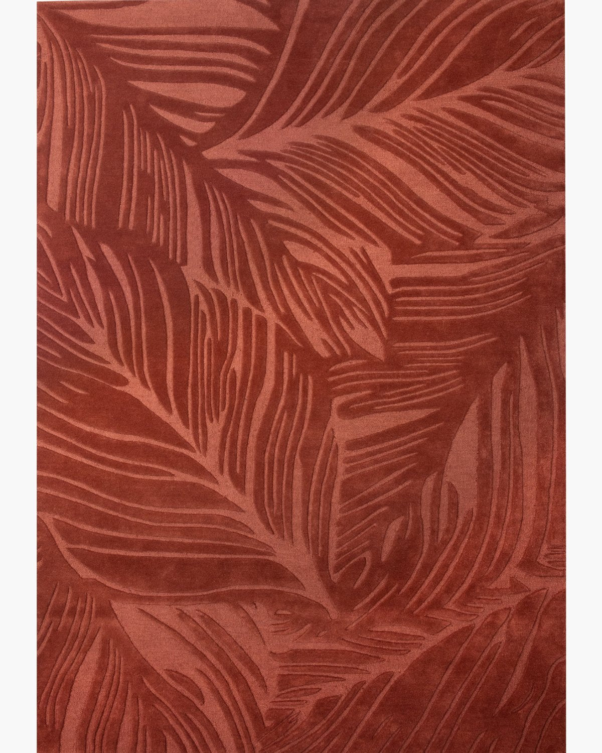 House of Bohi Sway area rug in rust. Premium New Zealand wool featuring a fluid leaf design with hand-carved lines.