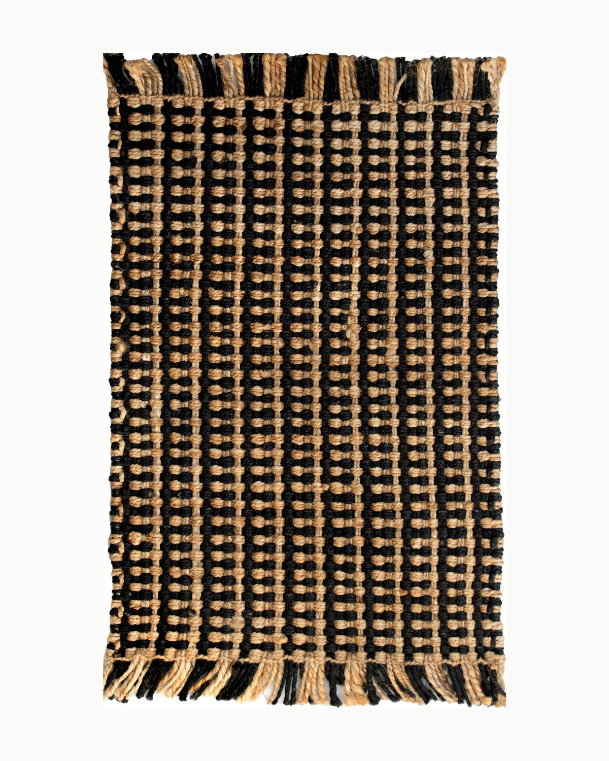 House of Bohi Tori mat in natural and black. Sustainable handwoven jute creating a robust, organic presence.
