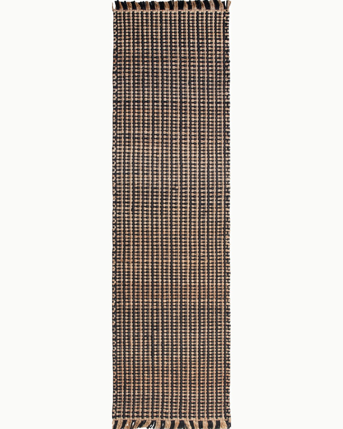 House of Bohi Tori runner in natural and black. Handwoven sustainable jute creating a robust, organic presence.