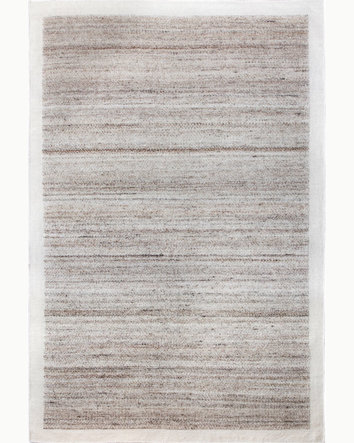 Akira hand-knotted wool rug in Dune, ivory and beige with warm brown striations, full view on white background