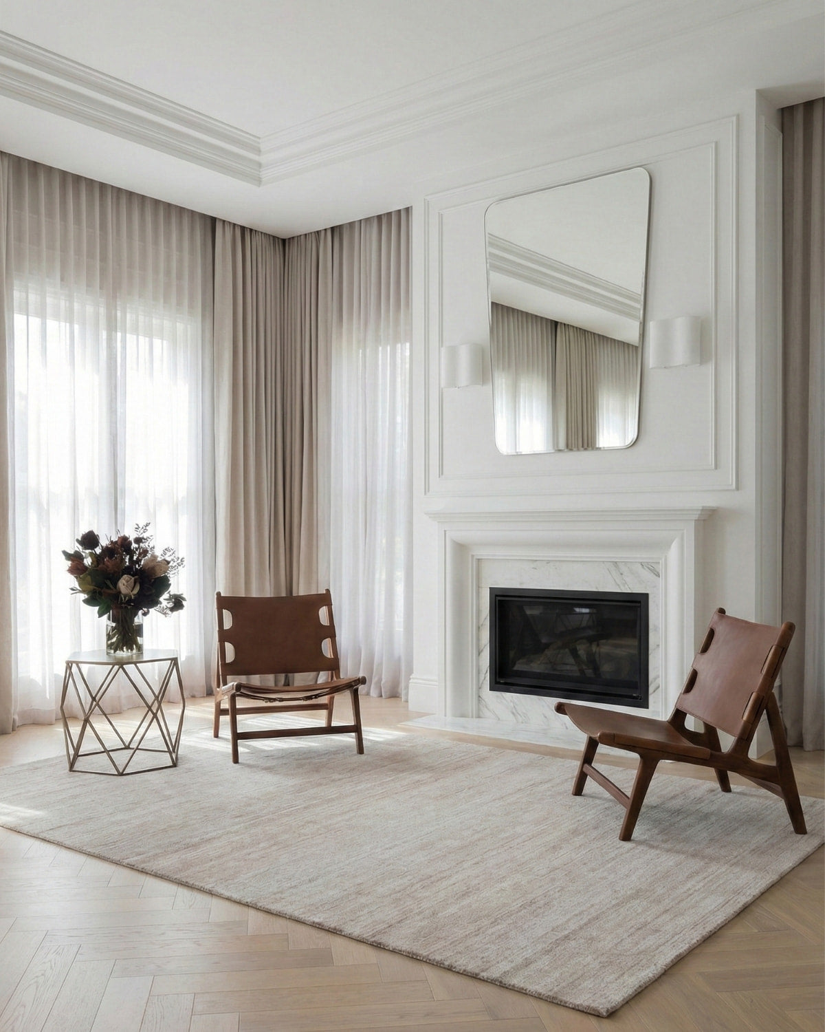 Luminous beige cut pile area rug bringing a serene composure to a modern living room setting, ethically handmade in India.