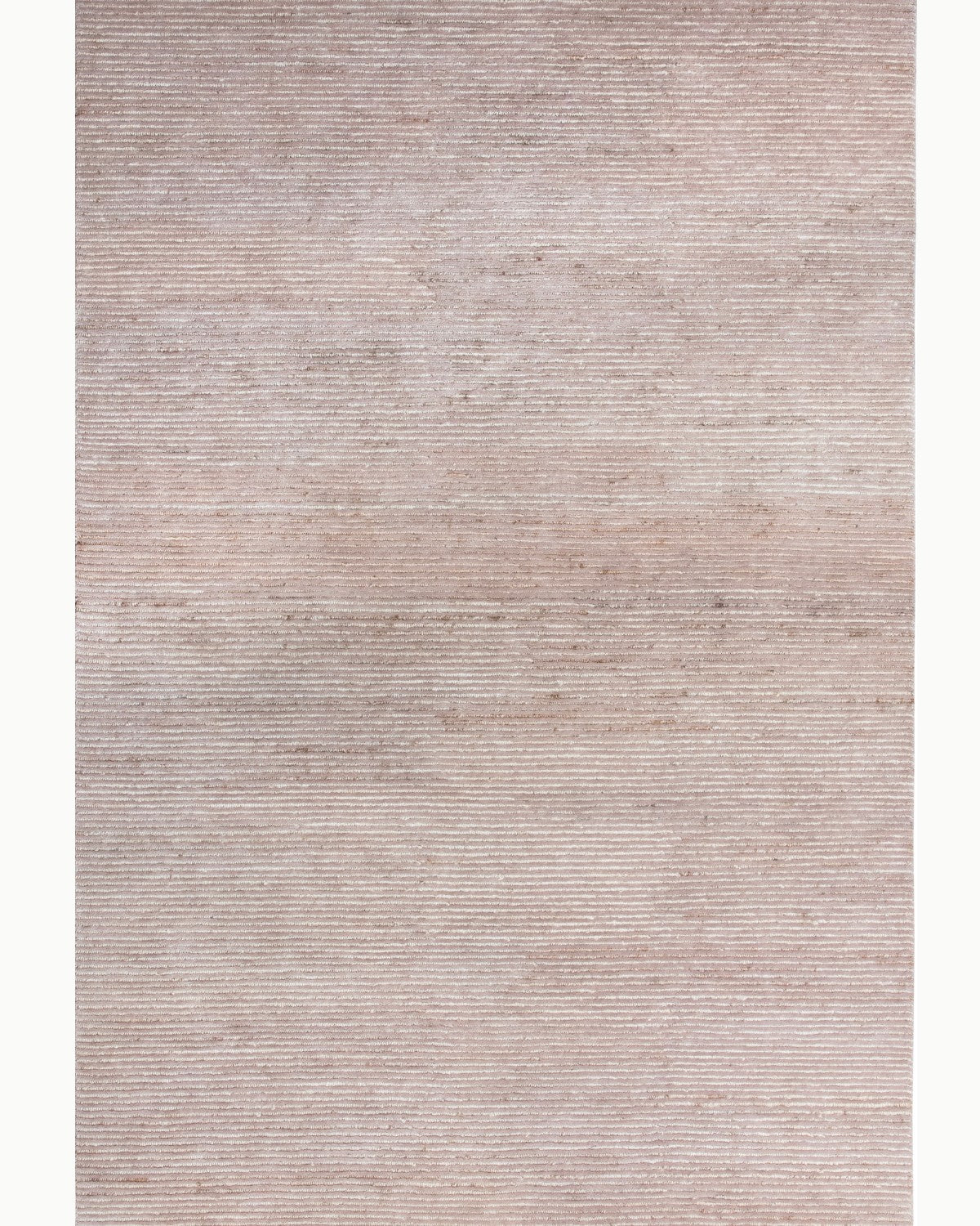 House of Bohi Mahi area rug in natural and blush. A full view of the handknotted New Zealand wool and jute linear pattern.