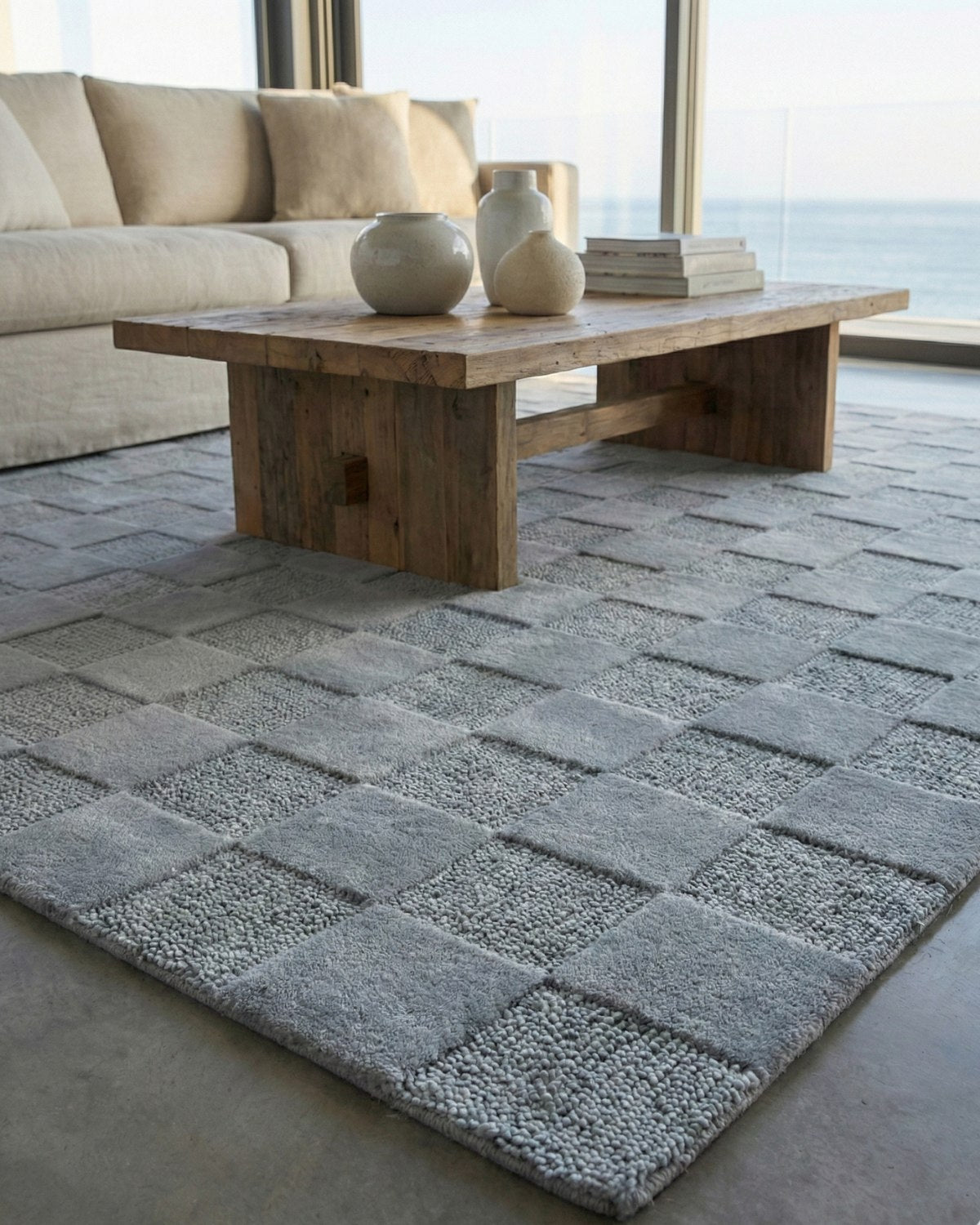 Resting under a rustic wood table, alternating squares of plush cut pile and tight loop weave create a rhythmic interplay.
