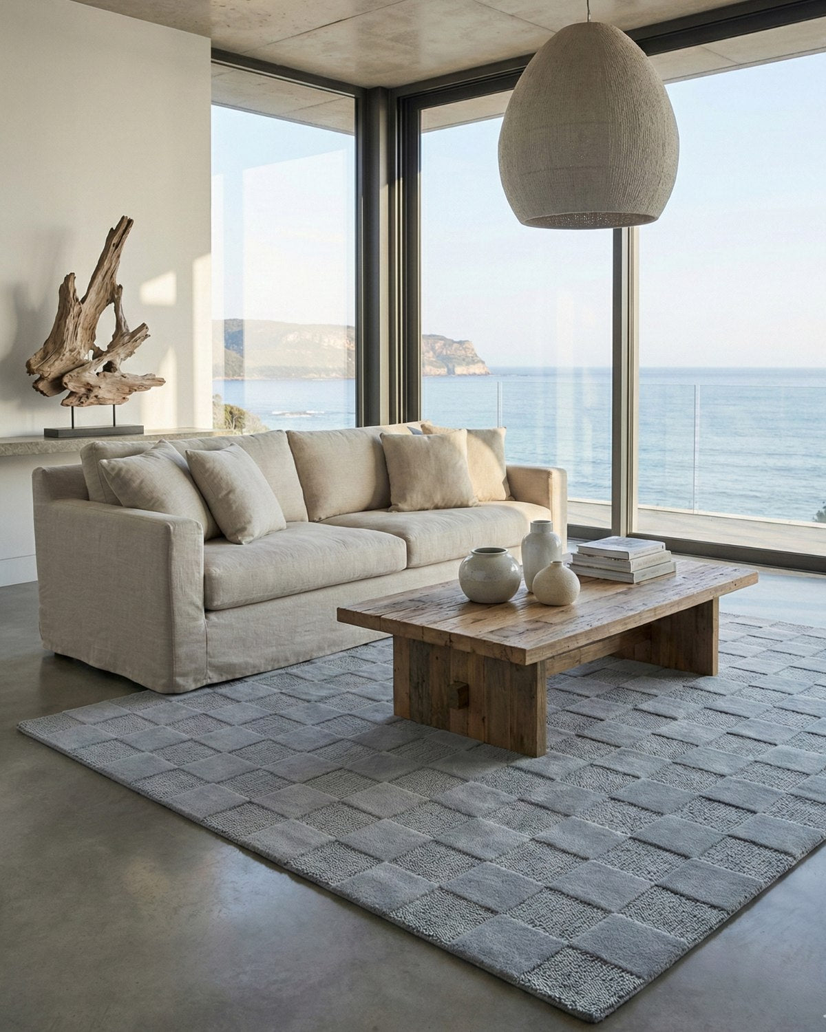 Styled in a bright living room, this hand-tufted rug brings architectural restraint and organic warmth to the modern space.