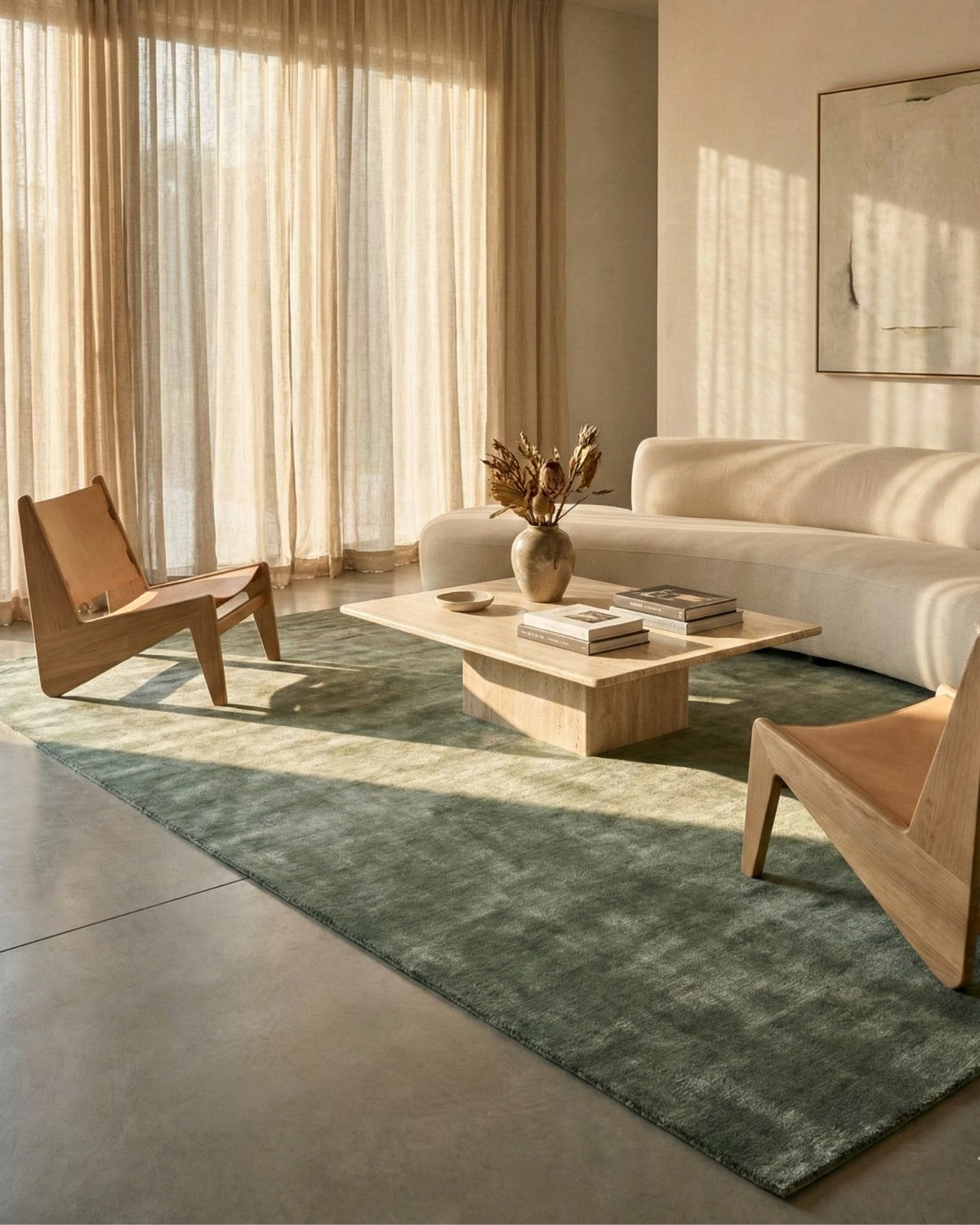 Dense cut pile flooring styled in a modern living room, offering quiet, intentional elegance with its velvety texture.