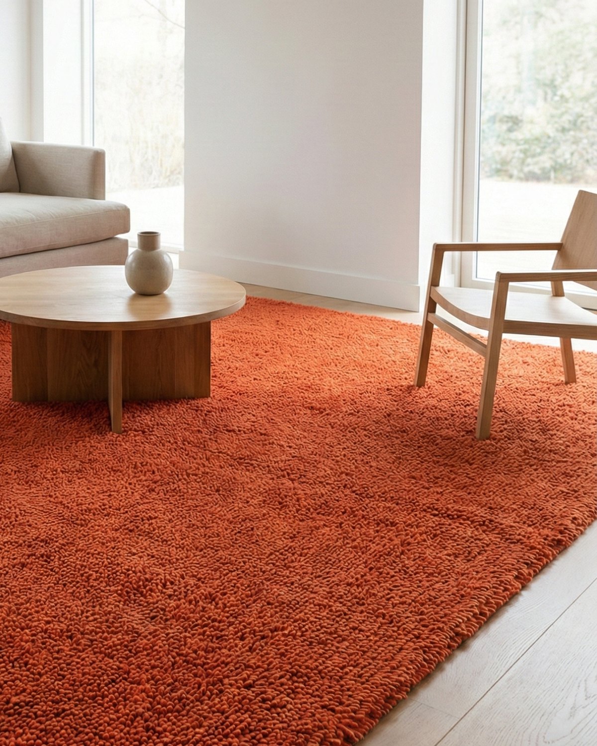 Modern living room styled with a deep, nubby handloomed rug offering a quiet luxury aesthetic.