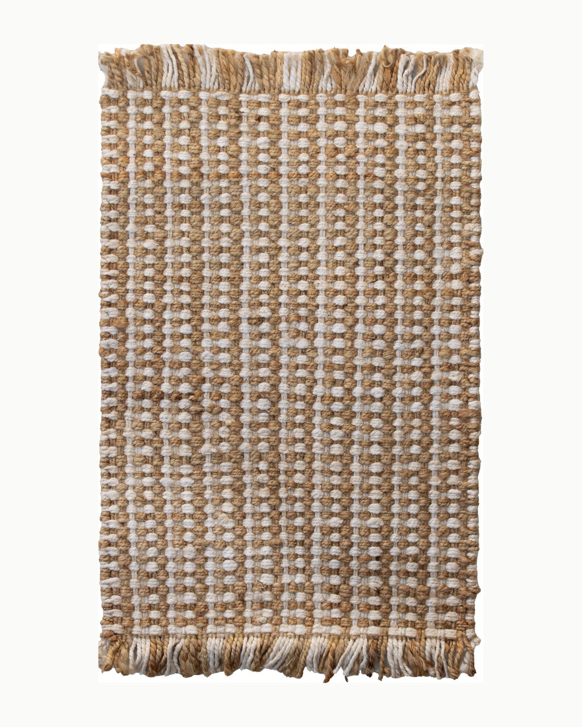 House of Bohi Tori mat in natural and white. Handwoven sustainable jute creating a robust, organic presence.