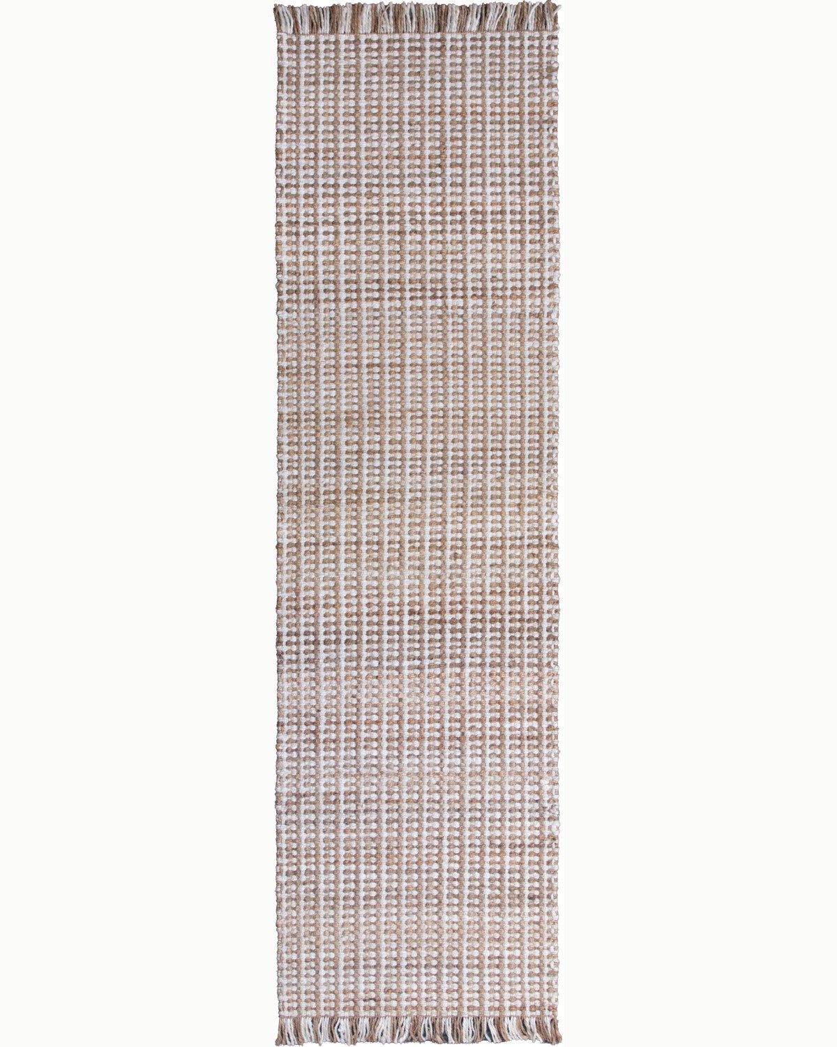 House of Bohi Tori runner in natural and white. Handwoven sustainable jute creating a robust, organic presence.